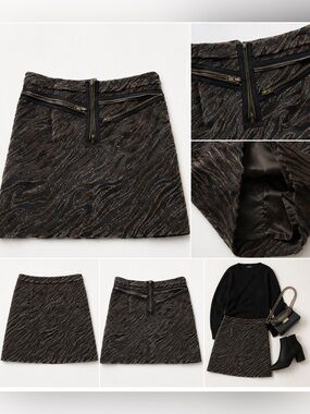 Brown Black Zebra Faux Fur Mini Skirt Exposed Zippers
